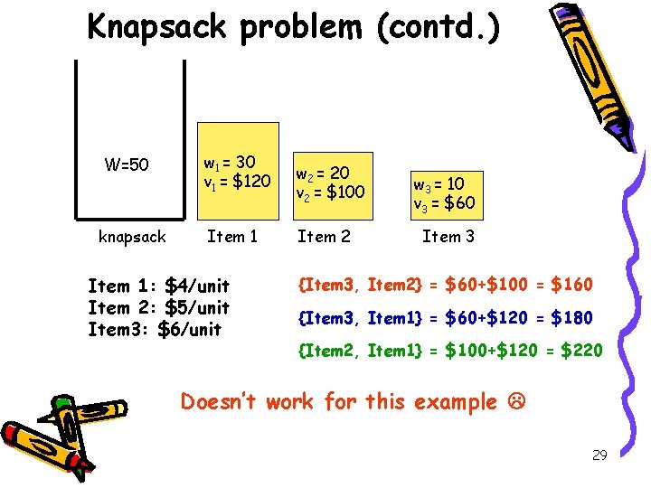 Knapsack problem (contd. ) W=50 knapsack w 1 = 30 v 1 = $120