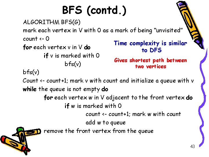 BFS (contd. ) ALGORITHM BFS(G) mark each vertex in V with 0 as a