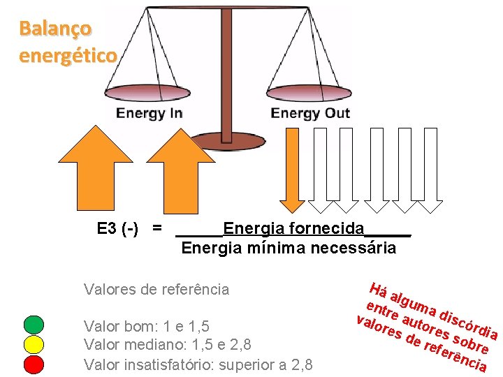 Balanço energético E 3 (-) = _____Energia fornecida_____ Energia mínima necessária Valores de referência