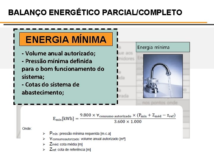 BALANÇO ENERGÉTICO PARCIAL/COMPLETO ENERGIA MÍNIMA - Volume anual autorizado; - Pressão mínima definida para