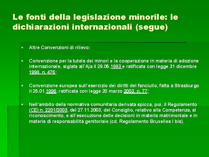 Le fonti della legislazione minorile: le dichiarazioni internazionali (segue) § Altre Convenzioni di rilievo: