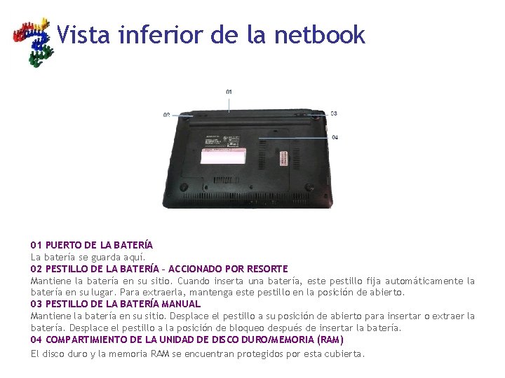 Vista inferior de la netbook 01 PUERTO DE LA BATERÍA La batería se guarda