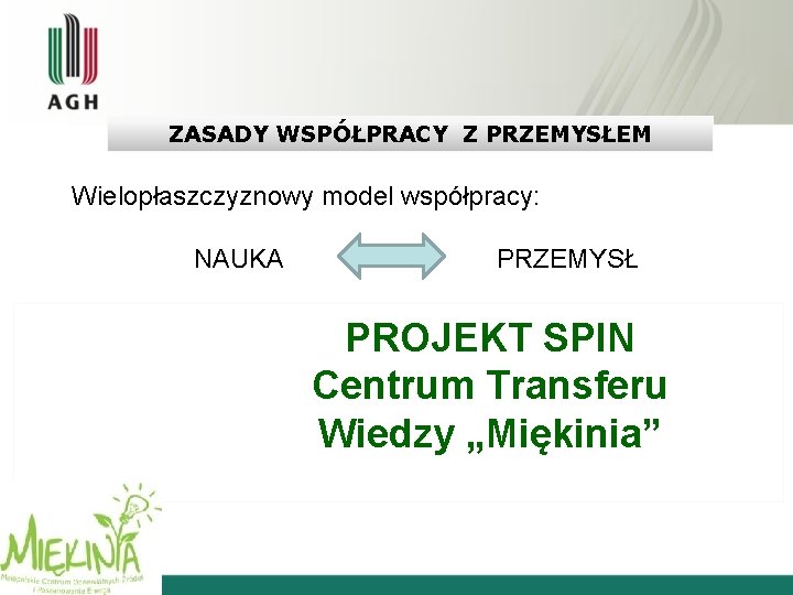 ZASADY WSPÓŁPRACY Z PRZEMYSŁEM Wielopłaszczyznowy model współpracy: NAUKA PRZEMYSŁ PROJEKT SPIN Centrum Transferu Wiedzy