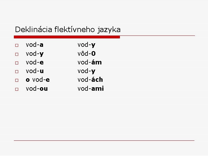 Deklinácia flektívneho jazyka o o o vod-a vod-y vod-e vod-u o vod-e vod-ou vod-y