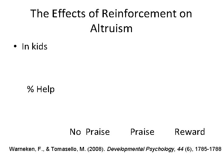 The Effects of Reinforcement on Altruism • In kids % Help No Praise Reward