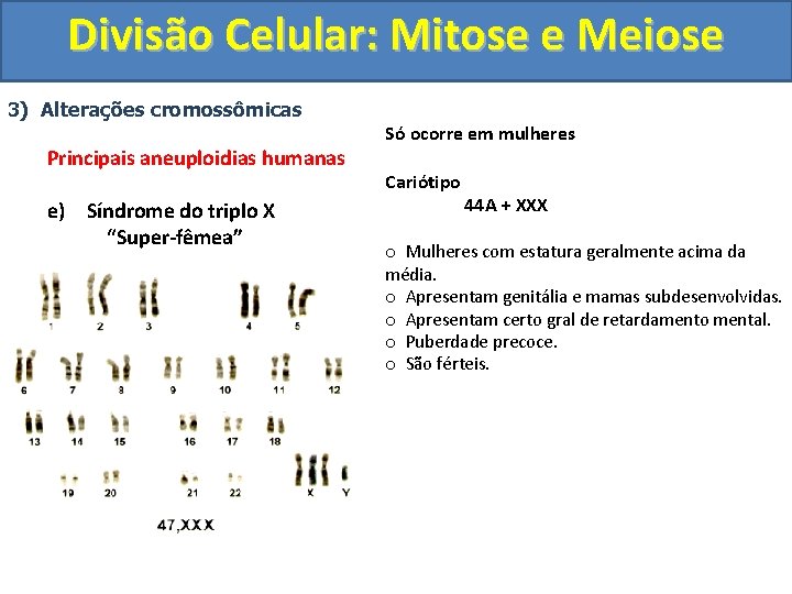 Divisão Celular: Mitose e Meiose 3) Alterações cromossômicas Principais aneuploidias humanas e) Síndrome do