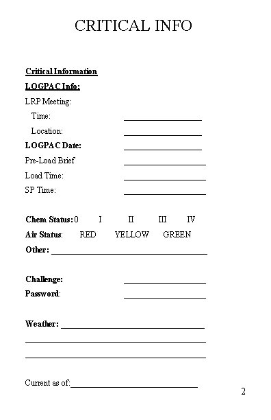 CRITICAL INFO Critical Information LOGPAC Info: LRP Meeting: Time: __________ Location: __________ LOGPAC Date: