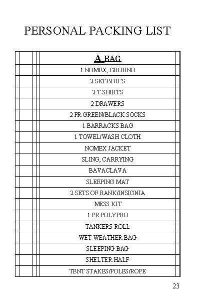 PERSONAL PACKING LIST A BAG 1 NOMEX, GROUND 2 SET BDU’S 2 T-SHIRTS 2