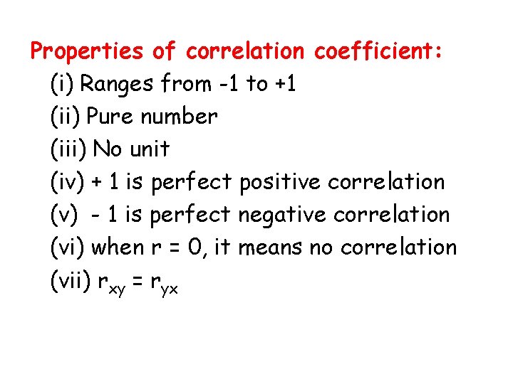 Properties of correlation coefficient: (i) Ranges from -1 to +1 (ii) Pure number (iii)