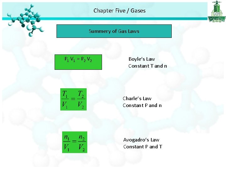 Chapter Five / Gases Summery of Gas Laws P 1 V 1 = P