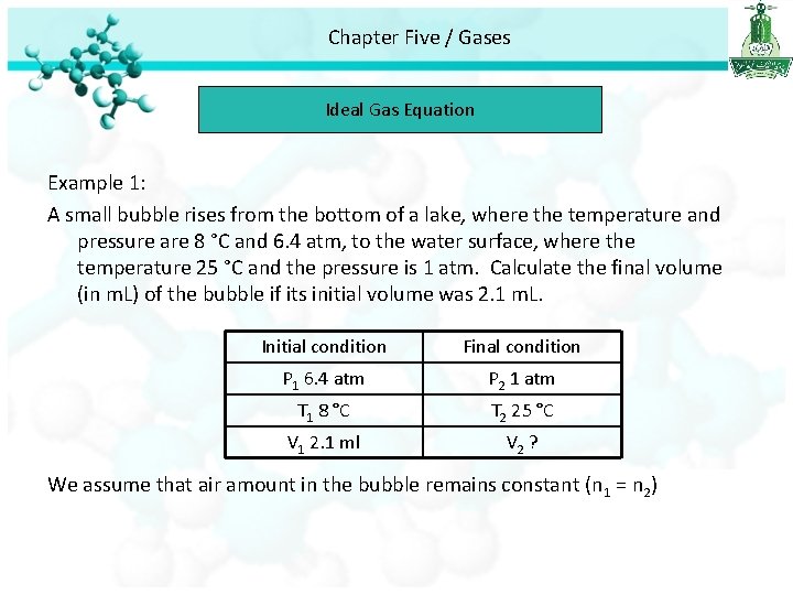 Chapter Five / Gases Ideal Gas Equation Example 1: A small bubble rises from