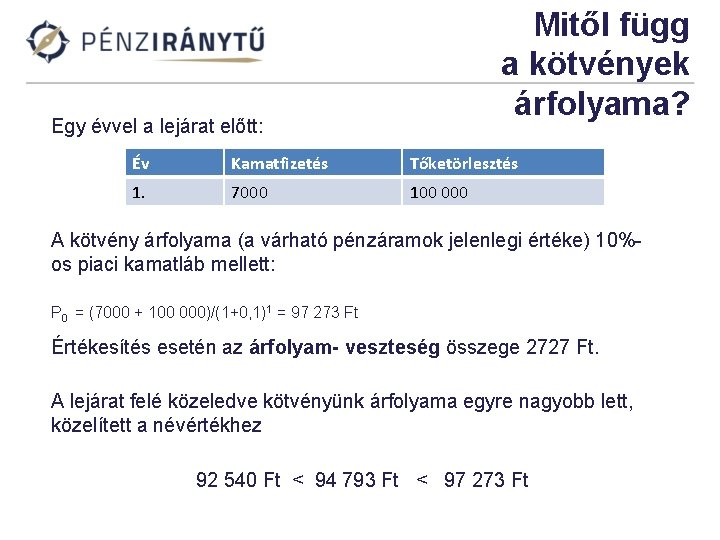 Mitől függ a kötvények árfolyama? Egy évvel a lejárat előtt: Év Kamatfizetés Tőketörlesztés 1.