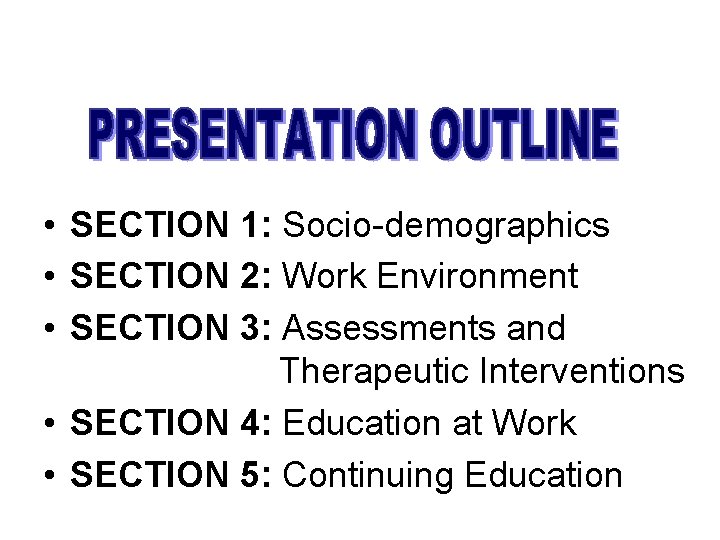  • SECTION 1: Socio-demographics • SECTION 2: Work Environment • SECTION 3: Assessments
