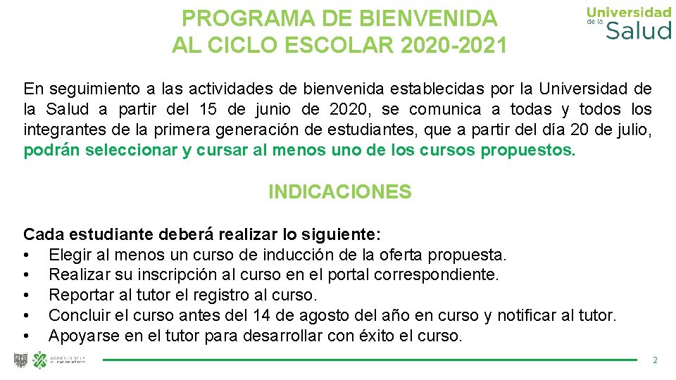 Programa de Bienvenida Cursos de induccin a la