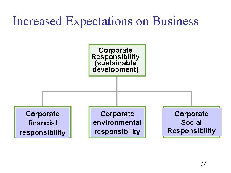 Increased Expectations on Business Corporate Responsibility (sustainable development) Corporate financial responsibility Corporate environmental responsibility