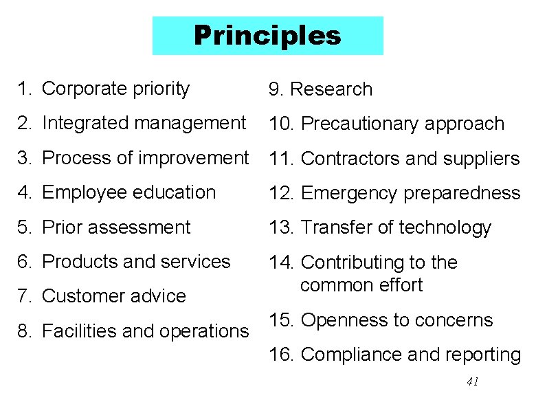 Principles 1. Corporate priority 9. Research 2. Integrated management 10. Precautionary approach 3. Process