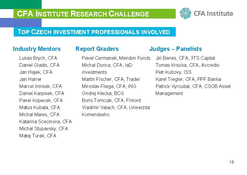 CFA INSTITUTE RESEARCH CHALLENGE TOP CZECH INVESTMENT PROFESSIONALS INVOLVED Industry Mentors Report Graders Judges