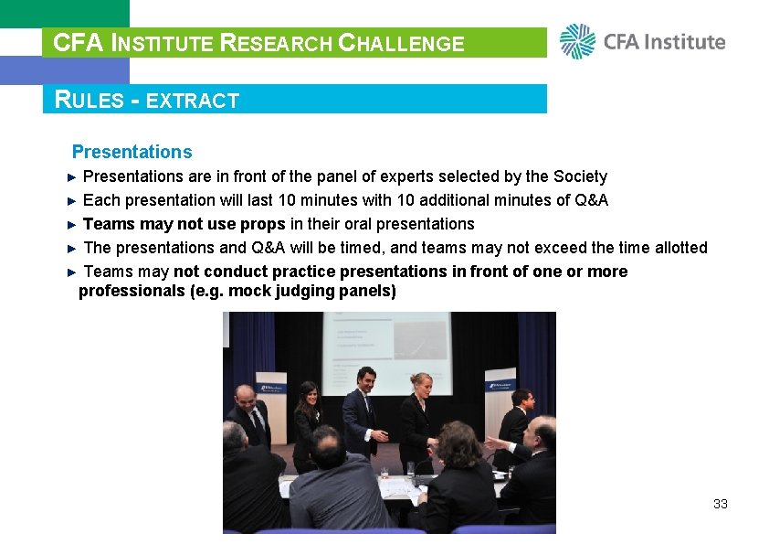 CFA INSTITUTE RESEARCH CHALLENGE RULES - EXTRACT Presentations ► Presentations are in front of