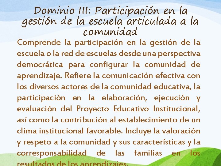 Dominio III: Participación en la gestión de la escuela articulada a la comunidad Comprende