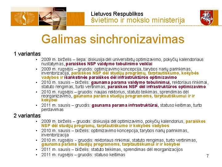  Lietuvos Respublikos švietimo ir mokslo ministerija Galimas sinchronizavimas 1 variantas • 2009 m.