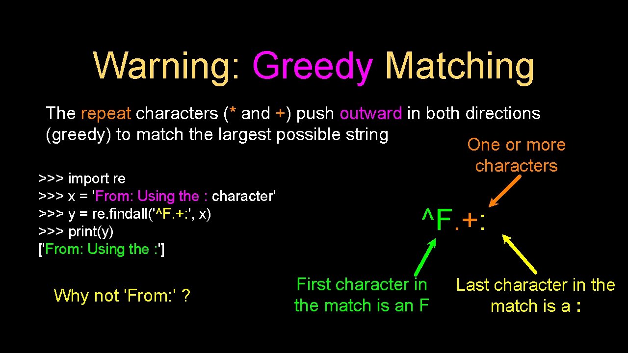 Warning: Greedy Matching The repeat characters (* and +) push outward in both directions