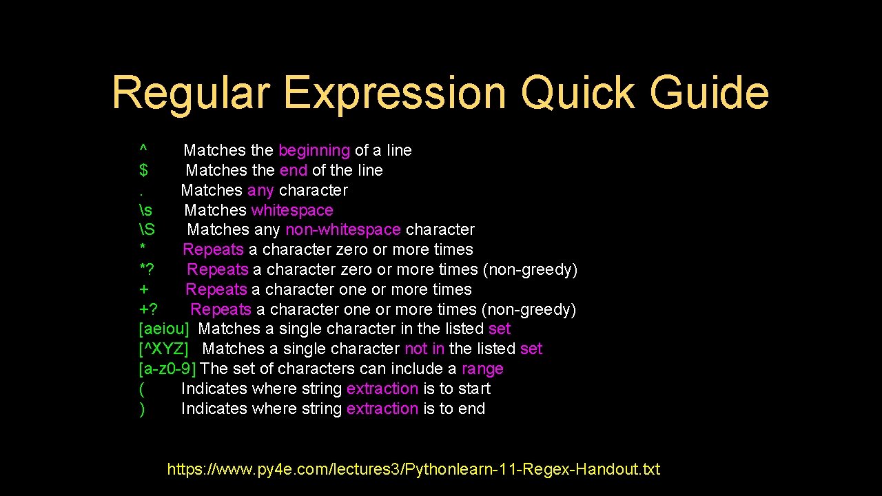 Regular Expression Quick Guide ^ Matches the beginning of a line $ Matches the