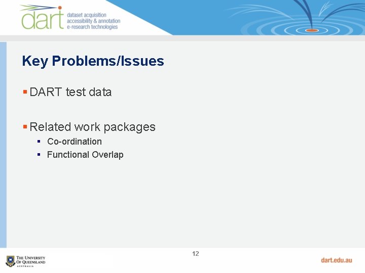 Key Problems/Issues § DART test data § Related work packages § Co-ordination § Functional