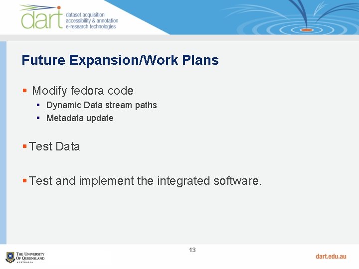Future Expansion/Work Plans § Modify fedora code § Dynamic Data stream paths § Metadata