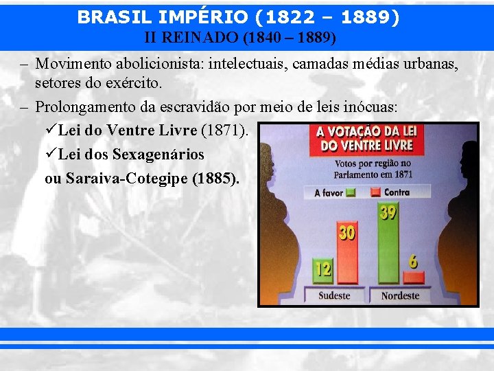 BRASIL IMPÉRIO (1822 – 1889) II REINADO (1840 – 1889) – Movimento abolicionista: intelectuais,