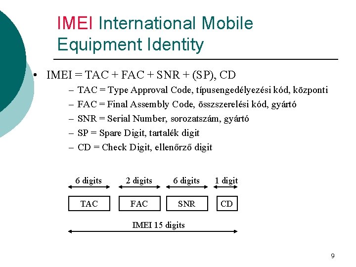 IMEI International Mobile Equipment Identity • IMEI = TAC + FAC + SNR +