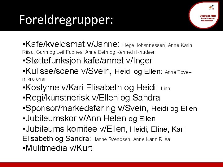 Foreldregrupper: • Kafe/kveldsmat v/Janne: Hege Johannessen, Anne Karin Riisa, Gunn og Leif Fadnes, Anne