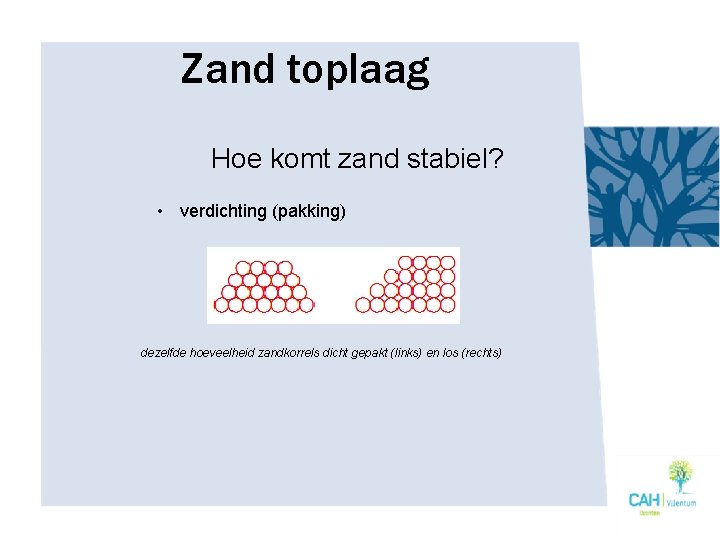 Zand toplaag Hoe komt zand stabiel? • verdichting (pakking) dezelfde hoeveelheid zandkorrels dicht gepakt