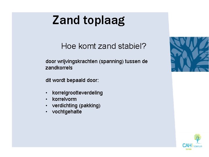 Zand toplaag Hoe komt zand stabiel? door wrijvingskrachten (spanning) tussen de zandkorrels dit wordt