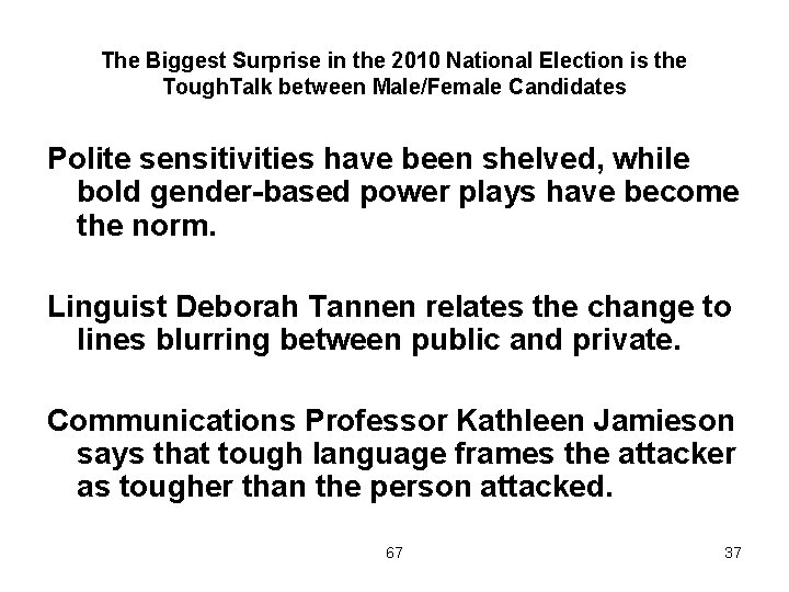 The Biggest Surprise in the 2010 National Election is the Tough. Talk between Male/Female