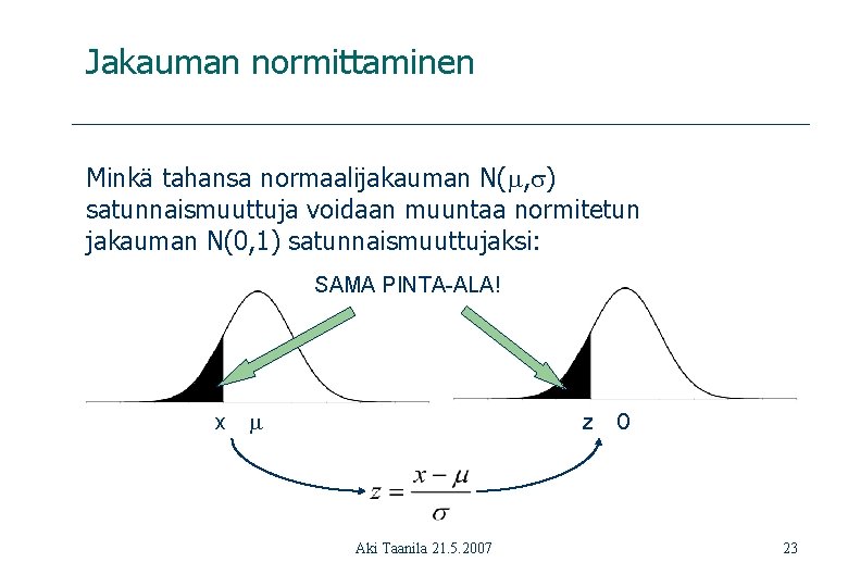 Jakauman normittaminen Minkä tahansa normaalijakauman N( , ) satunnaismuuttuja voidaan muuntaa normitetun jakauman N(0,