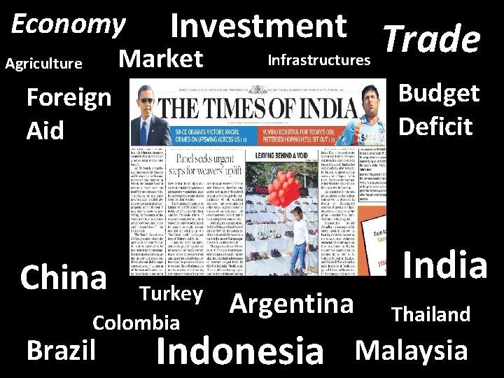 Investment Trade Infrastructures Market Economy Agriculture Foreign Aid Budget Deficit China India Turkey Colombia