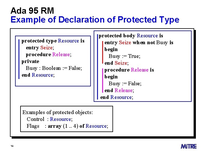 Ada 95 RM Example of Declaration of Protected Type protected type Resource is entry