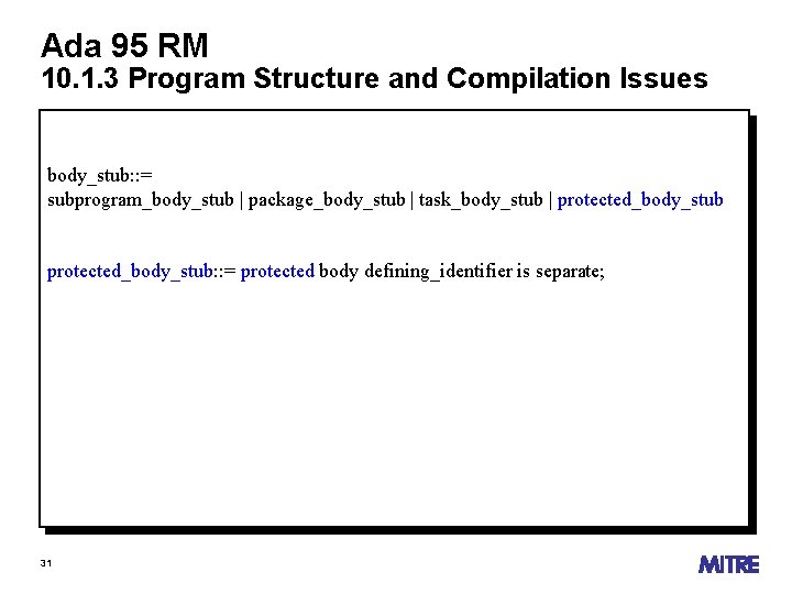 Ada 95 RM 10. 1. 3 Program Structure and Compilation Issues body_stub: : =