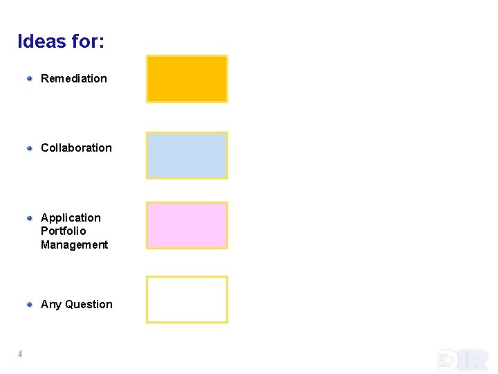 Ideas for: Remediation Collaboration Application Portfolio Management Any Question 4 