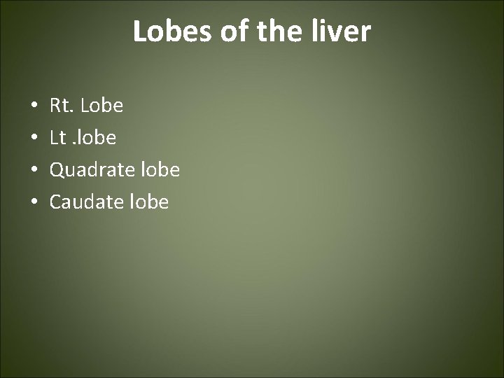 Lobes of the liver • • Rt. Lobe Lt. lobe Quadrate lobe Caudate lobe