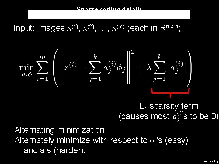 Sparse coding details Input: Images x(1), x(2), …, x(m) (each in Rn x n) Sparse coding details Input: Images x(1), x(2), …, x(m) (each in Rn x n)