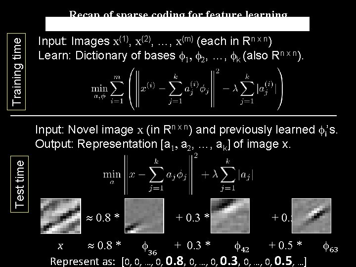 Training time Recap of sparse coding for feature learning Input: Images x(1), x(2), …, Training time Recap of sparse coding for feature learning Input: Images x(1), x(2), …,