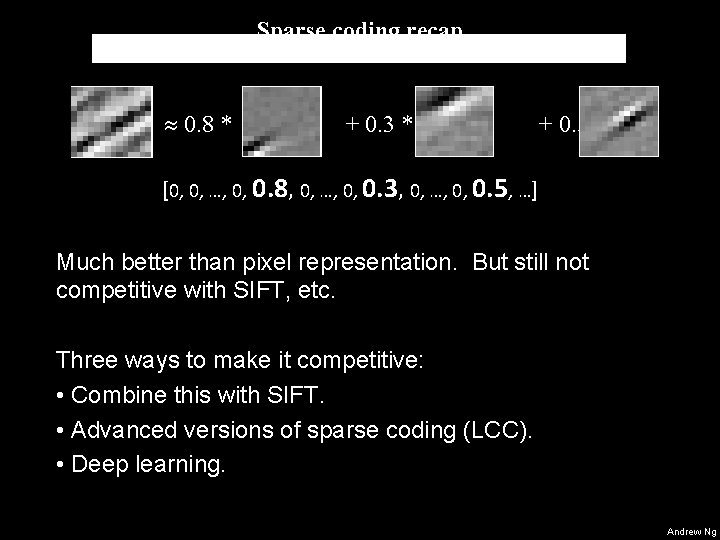 Sparse coding recap » 0. 8 * + 0. 3 * + 0. 5 Sparse coding recap » 0. 8 * + 0. 3 * + 0. 5