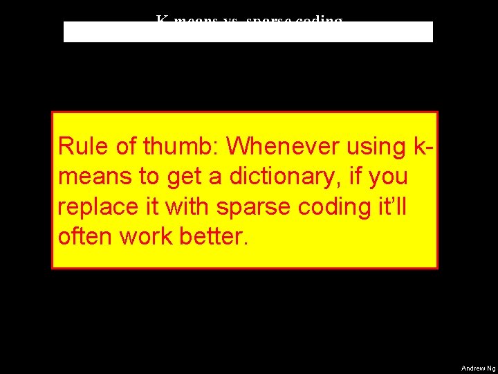 K-means vs. sparse coding Rule of thumb: Whenever using kmeans to get a dictionary, K-means vs. sparse coding Rule of thumb: Whenever using kmeans to get a dictionary,