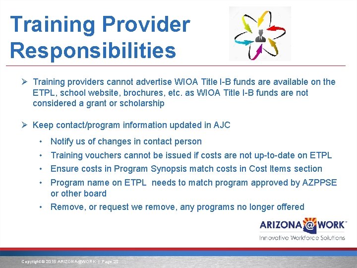 Training Provider Responsibilities Ø Training providers cannot advertise WIOA Title I-B funds are available