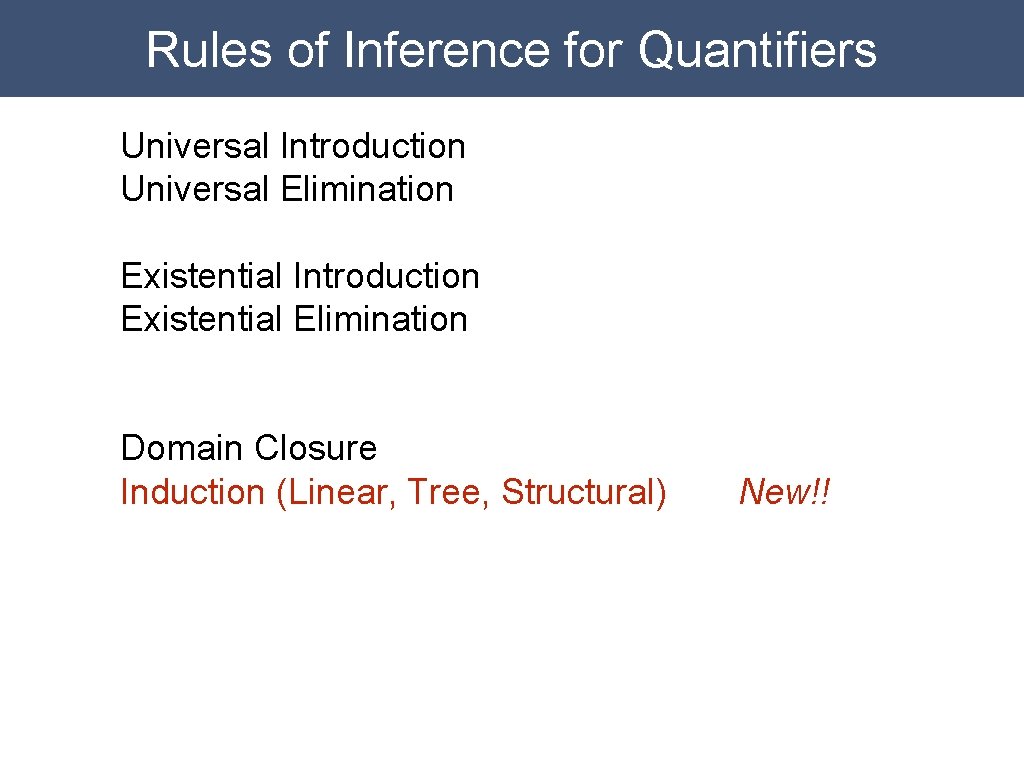 Rules of Inference for Quantifiers Universal Introduction Universal Elimination Existential Introduction Existential Elimination Domain