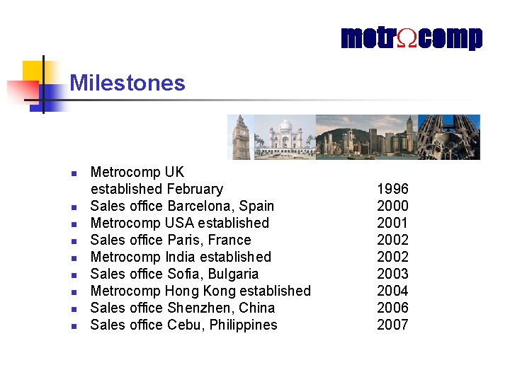 metr comp Milestones n n n n n Metrocomp UK established February Sales office