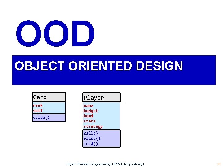 OOD OBJECT ORIENTED DESIGN Card Player rank suit name budget hand state strategy value()