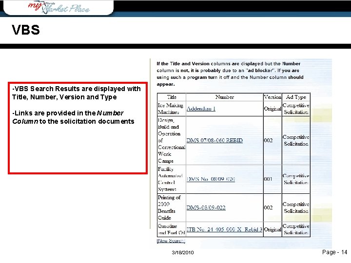 VBS -VBS Search Results are displayed with Title, Number, Version and Type -Links are