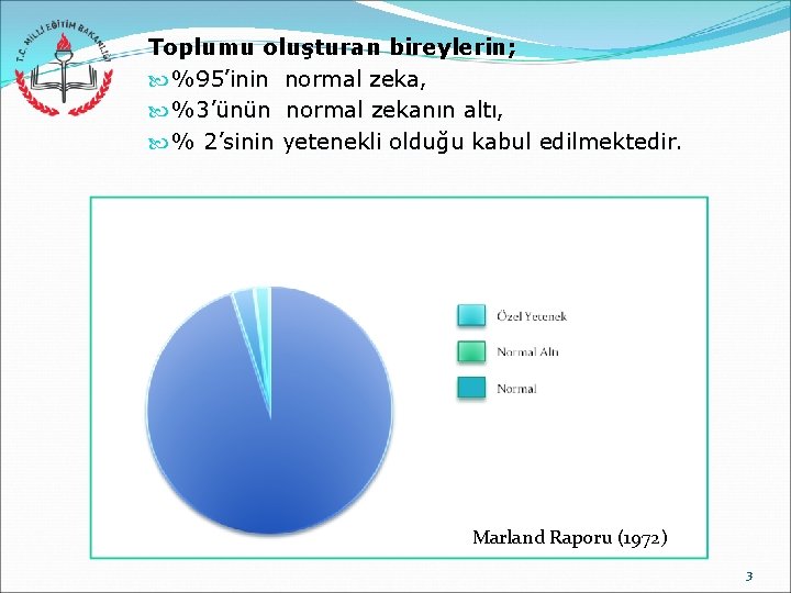 Toplumu oluşturan bireylerin; %95’inin normal zeka, %3’ünün normal zekanın altı, % 2’sinin yetenekli olduğu